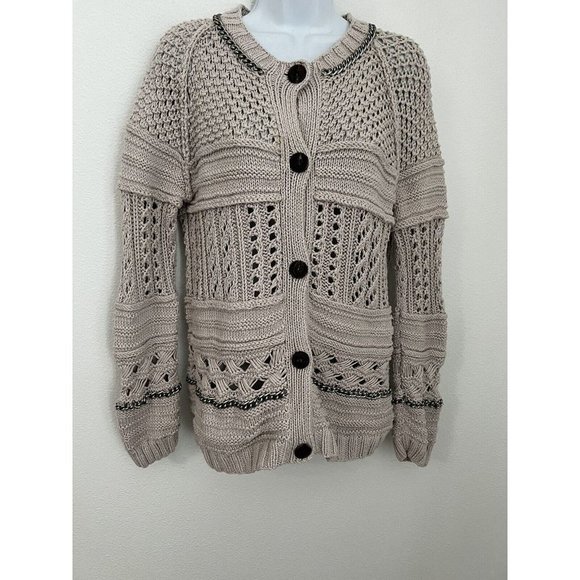 Bird By Juicy Couture Womens Tan Chunky Knit Cardigan Sweater Size M Chains - Picture 1 of 7